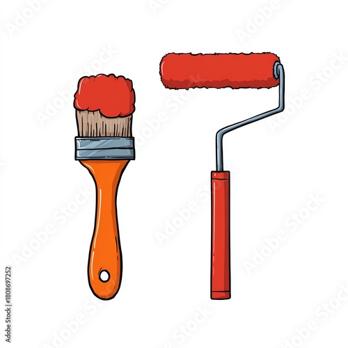 Paintbrush and roller on white isolated background.
