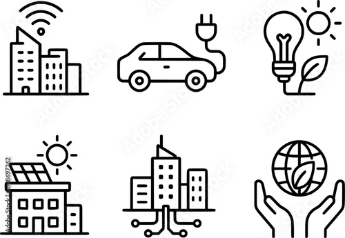 smart city infrastructure and sustainability line icon set