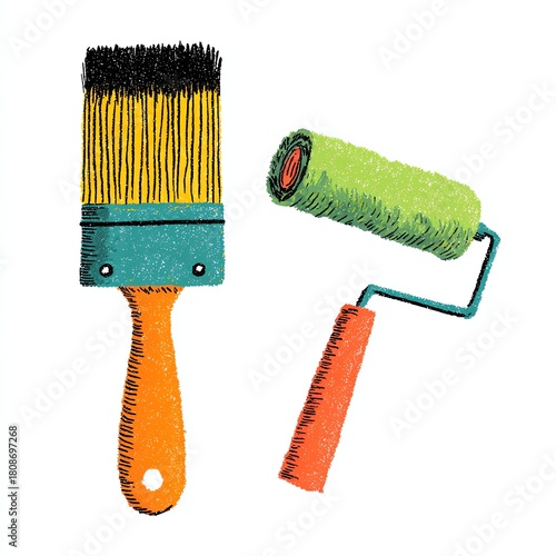 Colorful paintbrush and roller on a white isolated background.