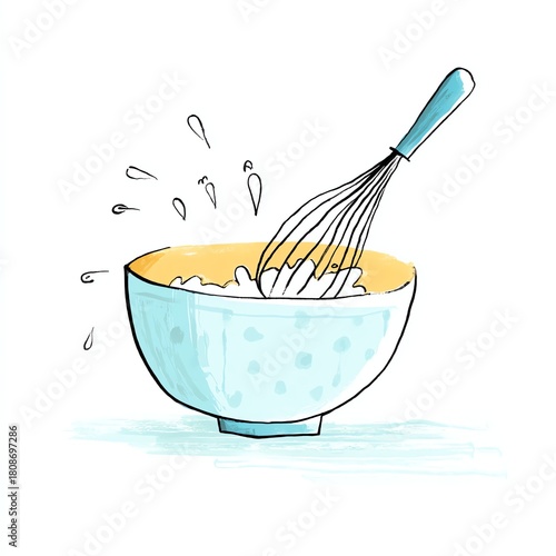 Whisk mixing in a bowl, capturing action with splashes, white isolated background.