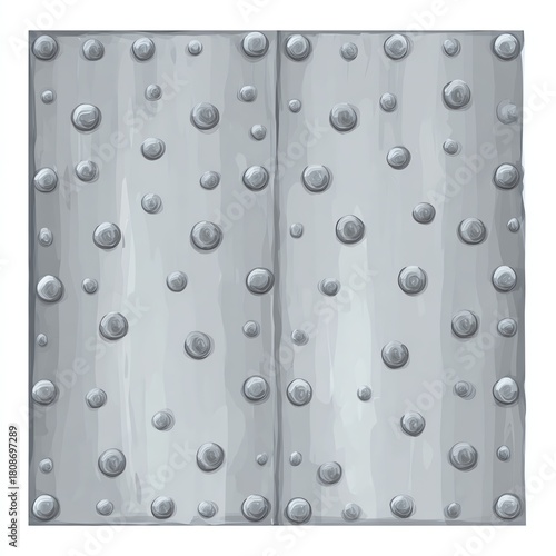 Metallic panel with rounded rivets, textured surface, white isolate background