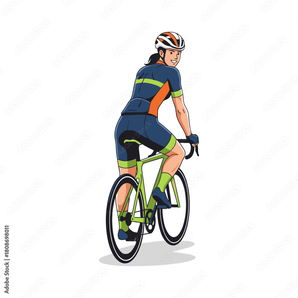 Fototapeta premium Smiling Woman Road Biking Green Bicycle Illustration