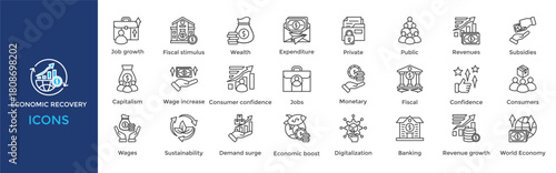 Economic recovery icon set. Containing Wealth, Expenditure, Private, Public, Revenues, Subsidies