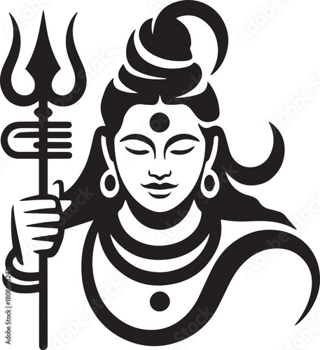 Lord Shiva Face Vector. Hindu Deity Icon Design Illustration Black and White