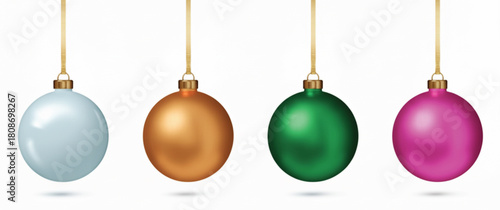 A set of four colorful Christmas ornaments hanging from golden strings against a white background. Each ornament has a unique color and a shiny, reflective surface.