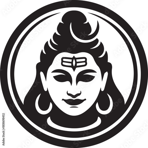 Lord Shiva Portrait Silhouette Hindu Deity Sacred Symbol Icon Round Frame Vector Art
