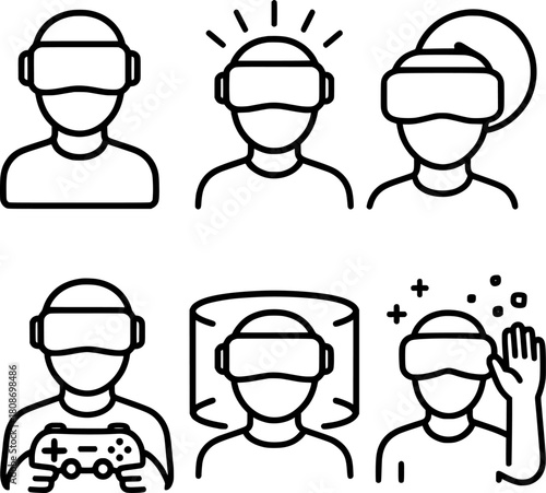 virtual reality headset and immersive gaming line icons