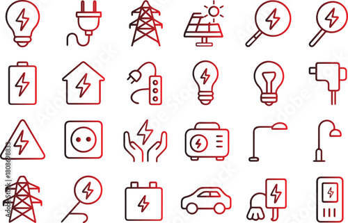 Set of electricity and energy line icons, including power, battery, solar, and electric car, isolated on white background