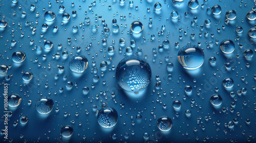 Abstract macro of transparent water droplets forming a textured pattern on a clean blue glass surface reflecting light, resembling rain or dew