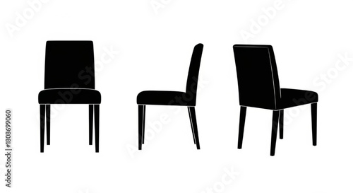Chair Silhouette Vector Illustration Showing Front, Side, Back, and Diagonal Views in Minimal Furniture Style

