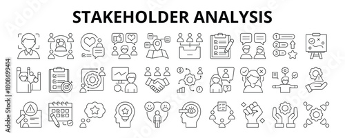30 Stakeholder Analysis Line Icons Vector - Categorization, Priority, Communication, Objective, Impact, Risk Management, Attitude, Decision Making