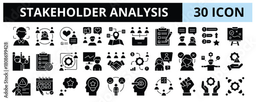 30 Stakeholder Analysis Glyph Icons Vector - Categorization, Priority, Communication, Objective, Impact, Risk Management, Attitude, Decision Making