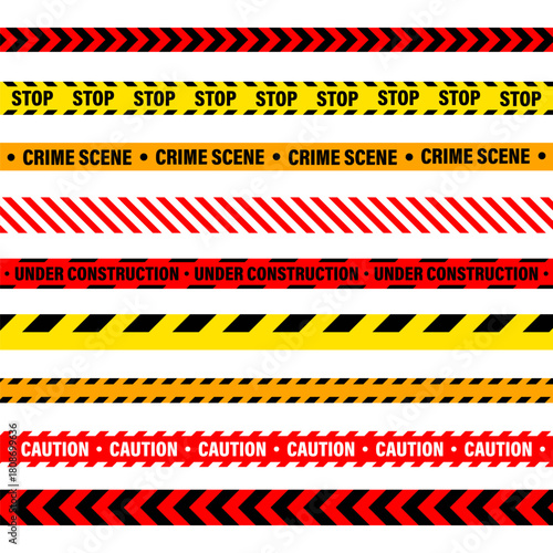 Barricade construction tape. Colorful police warning line, brightly colored danger or hazard stripe, ribbon. Restricted area, zone. Attention symbol. Vector illustration