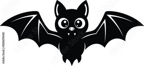 Cute cartoon black bat flying with open wings, simple graphic design