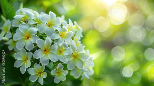 A close-up macro of a blooming spring cherry tree branch with white blossoms in a beautiful nature garden