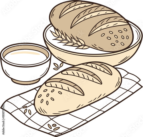Two loaves of bread and a bowl of milk isolated on