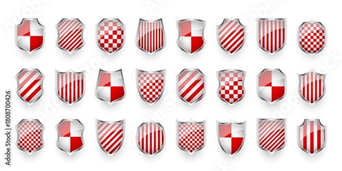 Glossy shields with red and black white. Security and protection concept. Cyber safety icons, internet privacy, web defense, digital data protection and antivirus themes. Vector illustration