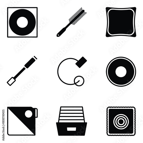 Nine black and white icons of objects including aCD, brush, and cushion compact disc record