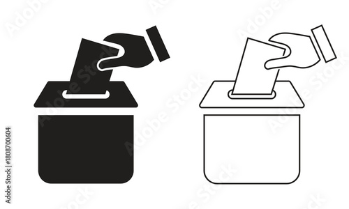 Vote ballot box icons in solid and outline styles. Two voting ballot box illustrations showing a hand inserting a ballot, presented in solid and outline styles for civic and election-related designs.
