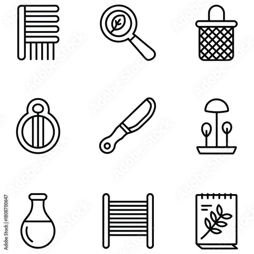 Nine line art icons for beauty and nature on white background collection comb