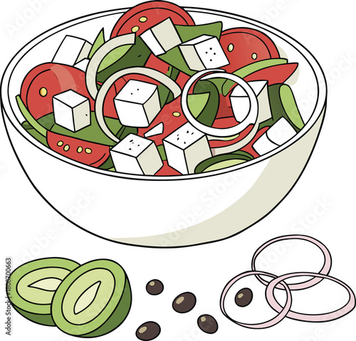 Fresh greek salad with feta cheese in bowl isolated on