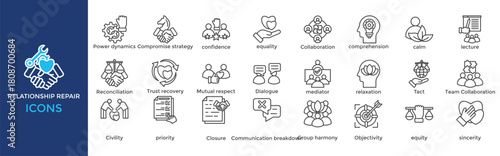 Relationship repair icon set. Containing  Compromise strategy, confidence, equality, Collaboration, comprehension, calm