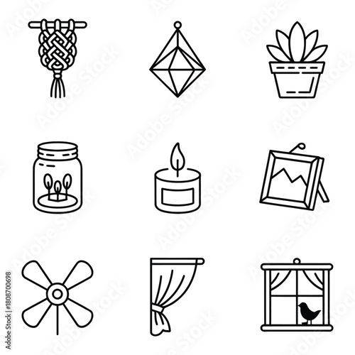 Nine line art icons for home decor and nature on white background collection macrame