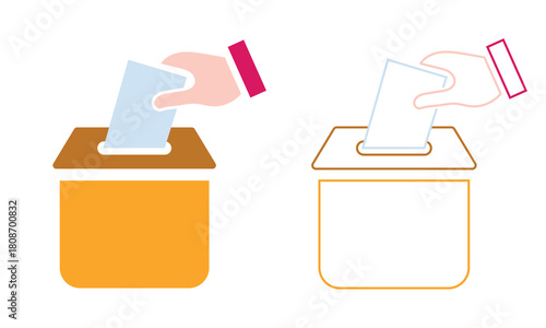 Vote ballot box icons in solid and outline styles. Two voting ballot box illustrations showing a hand inserting a ballot, presented in solid and outline styles for civic and election-related designs.
