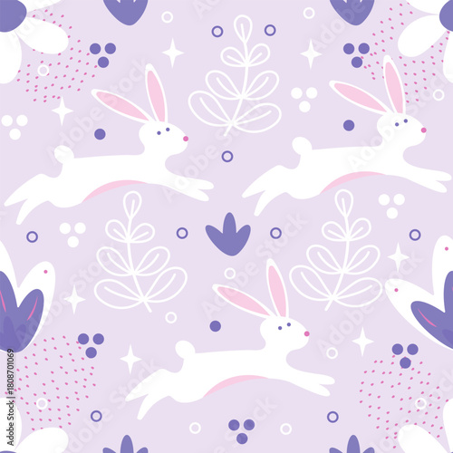 Spring seamless pattern with easter bunnies, plants and flowers. Flat vector pattern