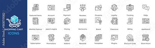 Shopping Cart icon set. Containing Account, Payment, Reviews, Coupons, Loyalty, Tracking