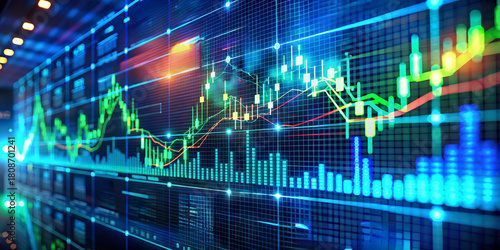 Bright, colorful graphs and charts illustrate financial data on a digital screen in a trading environment. This scene captures the energy of market activity in real-time.