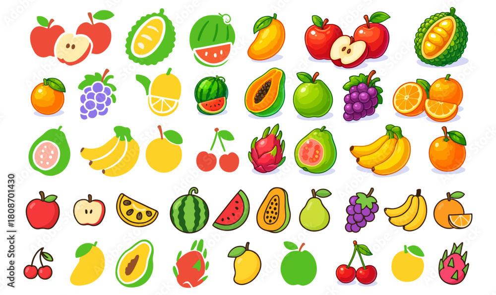 Obraz premium Colorful Fruit Illustration Set on White Background, colorful fruits, fruit illustration, digital artwork, cartoon fruits, vibrant colors, glossy shading, kid-friendly design, mango illustration, etc,