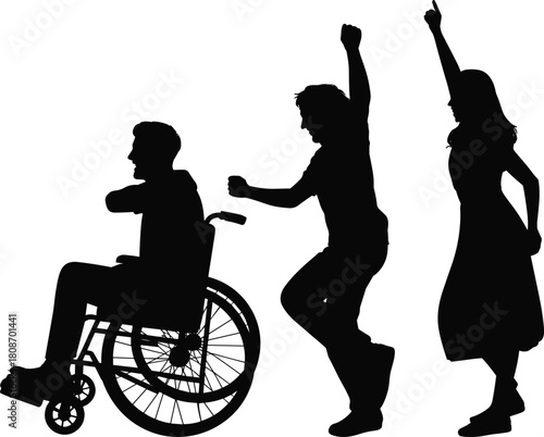 Vector silhouette of disabled man in wheelchair dancing with happy friends man and woman celebrating success isolated on white background