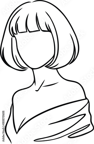 Minimalist line art illustration of a faceless woman with a bob