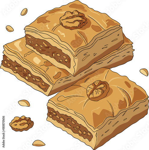 Delicious baklava pieces with walnuts isolated on