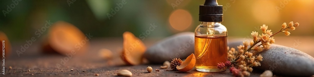 custom made wallpaper toronto digitalLuxurious Essential Oil Bottle with Dropper, surrounded by Dried Flowers and Stones, Warm Lighting, Tranquility, Holistic Therapy