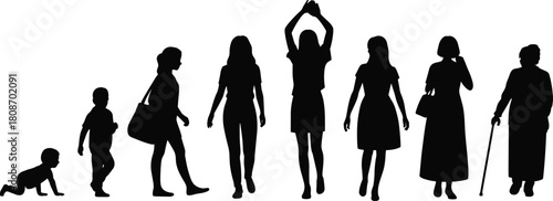 Vector silhouette of female life cycle showing stages from crawling baby to adult woman and elderly grandmother walking with cane