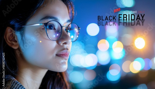 Black friday sale concept. Portrait of a serious young woman wearing glasses in profile on night city lights.