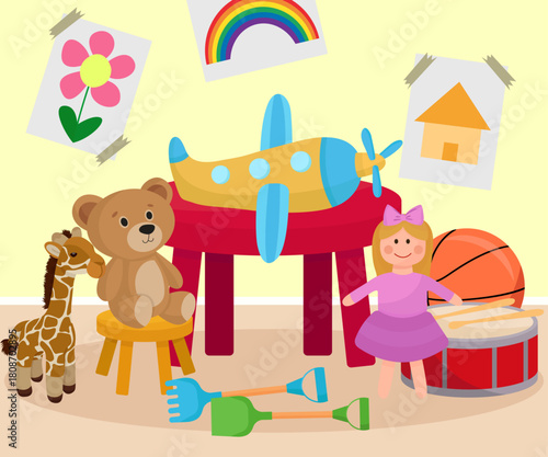 Cute stack of kid's toys in playing room and drawings on wall bear plush doll ball plane sand toys