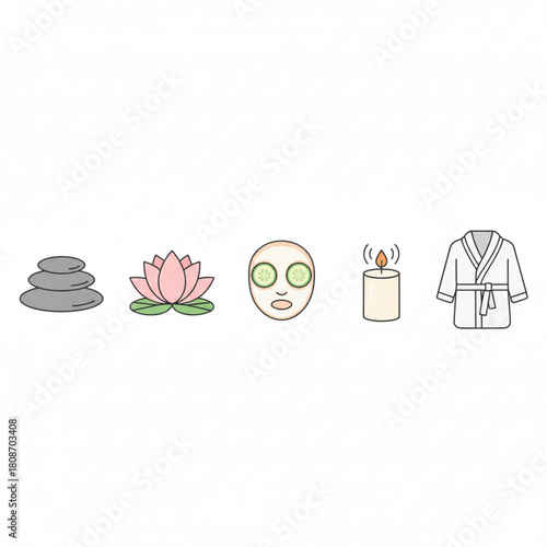 Spa and Wellness Icons Stones, Lotus Flower, Face Mask, Candle, Robe