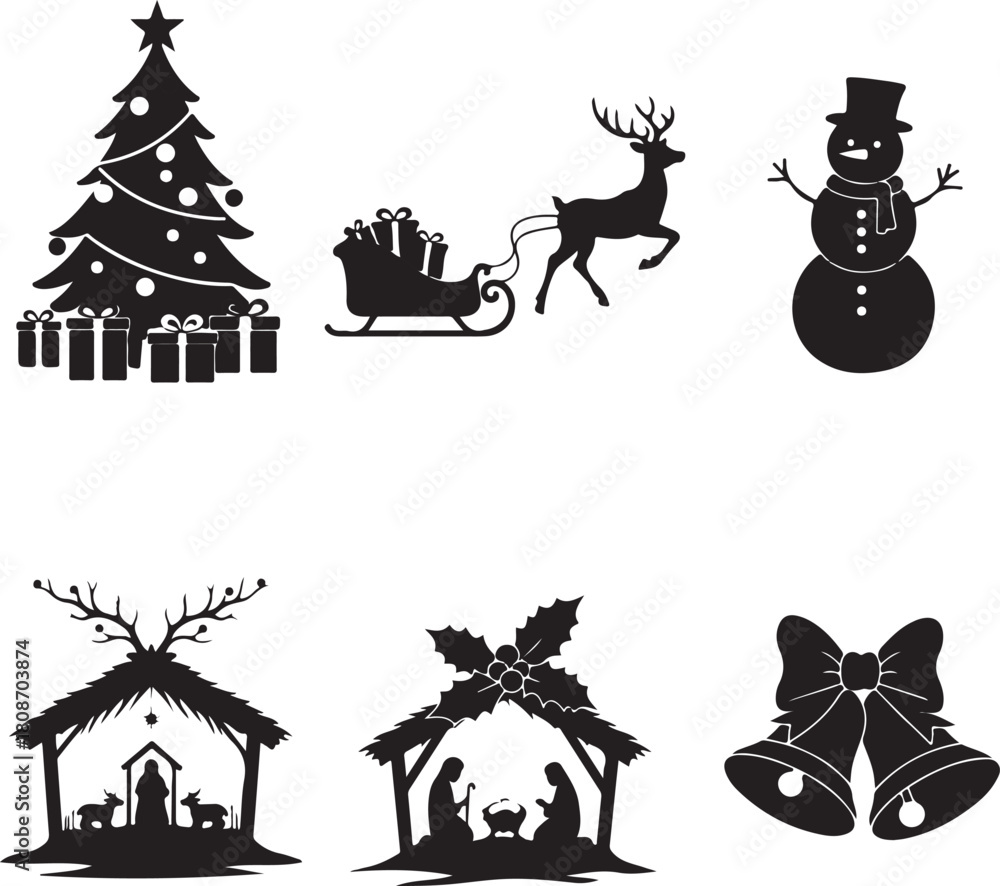 Fototapeta premium Christmas Symbols Silhouette Collection Festive Elements and Religious Celebration Designs.