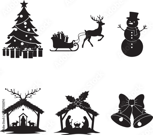 Christmas Symbols Silhouette Collection Festive Elements and Religious Celebration Designs.