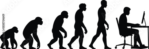 Vector silhouette of human evolution stages from primate to upright man ending with modern office worker sitting at computer desk