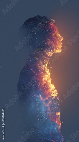 Cosmic energy flowing through human silhouette symbolic harmony between space matter consciousness vibrant minimalist art