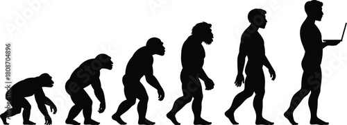 Evolution of man silhouette vector illustration showing primate to businessman with computer, symbolizing growth, internet, innovation, and history of mankind