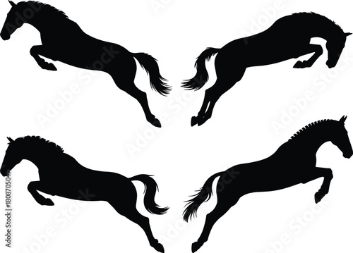 Set of four black horse silhouettes jumping over obstacles vector illustration isolated on white background for equestrian sports logo design