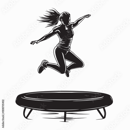 Energetic Woman Trampoline Fitness Silhouette on white background