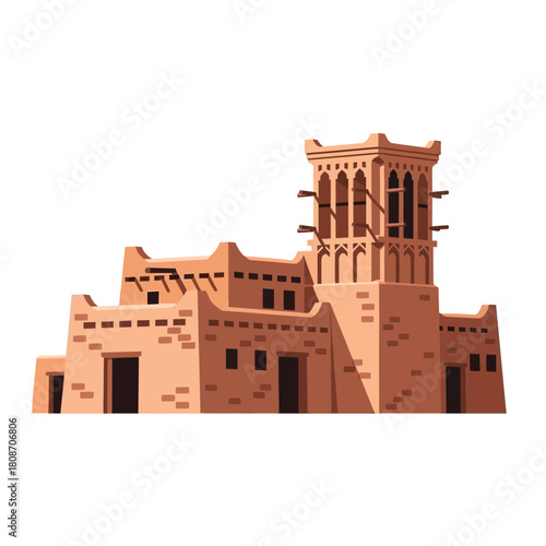 Depiction of a traditional Arabic mud brick building with wind tower