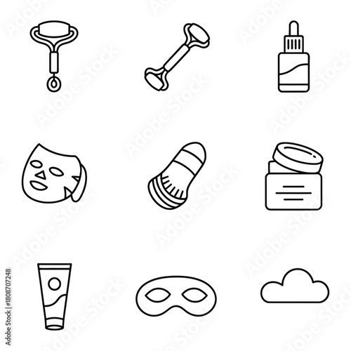 Skincare and beauty treatment icons set on white background face roller serum bottle