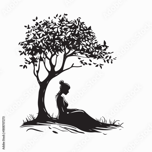 Sad Girl Sitting Alone Under Tree Vector isolated on white background